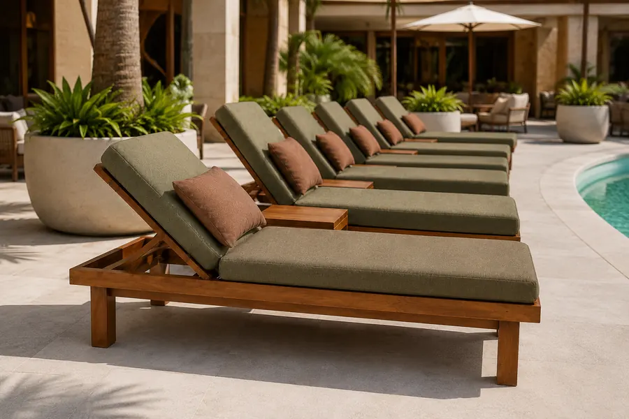 Olive pool sun loungers with brown pillows at a resort